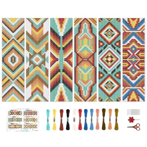 BEUNITONE Cross Stitch Bookmarks Kit 6 Pcs Geometric Pattern DIY Bookmarks Cross Stitch Kits for Beginners Boho Floral Fabric Bookmark Kit Traditional Decorative Counted Knitting Kit 8''x2.4'' - style: Indian Floral Pattern