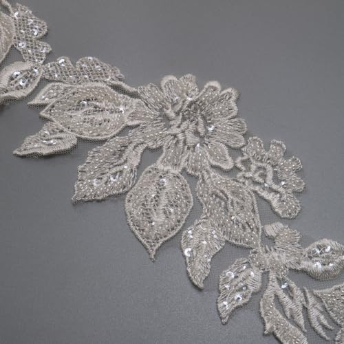 2yard Sequins Beaded Flower Embroidery lace Appliques for Wedding Dresses Rhinestone Applique Patches lace Trims parches ropa (Off White) (P3286A) - color: SPXB-P3286A-2yR22