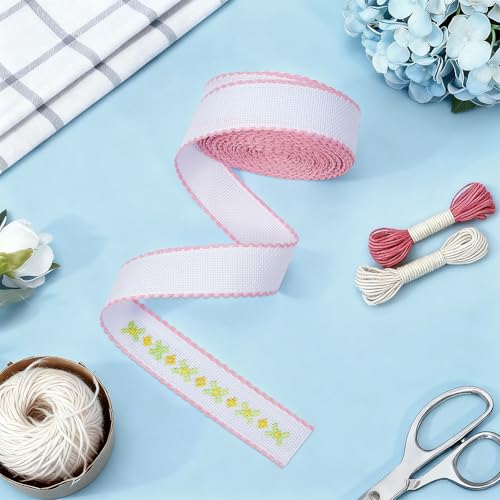 BENECREAT 14.8yd x 1.4in Aida Band with Pink Edge, Cross Stitch Fabric for Embroidery Needlework Bookmark DIY Crafts, 0.7mm Thick - color: Pink Edge