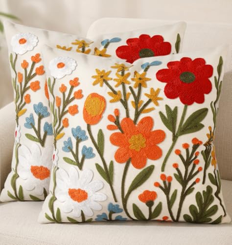 Embroidered Throw Pillow Covers 18x18 Inch, 2Pack, Flower Cluster - color: Flower Cluster, size: 18" x 18" (Pack of 2)