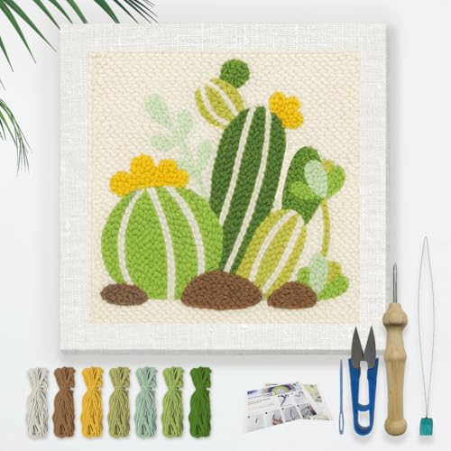 Doodlream Cartoon Cactus DIY Punch Needle Embroidery Kit for Adult Beginner, 9.4" Cactus Punch Stitching Craft Set for Starter with Frame, Fabric Pattern, Threader, Yarn, Pinch Needle - color: Cactus