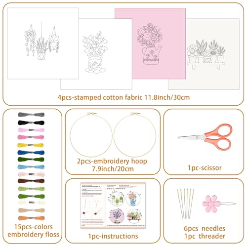 BEUNITONE 4 Set Embroidery Kit for Beginners, Vase Plants Cross Stitch Kits, Needlepoint Kits for Adults with Instructions and Full Kit, Creative Hand Embroidery Patterns for Cloth and Home Decor - style: B-Potted Plant