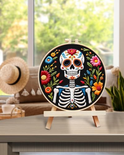 TINDTOP Embroidery Kit for Adult Beginners, Embroidery DIY Starter Kit, with Stamped Patterns, Hoop, Tools, Colorful Threads with Needles, Instructions (Skeleton C) - color: Skeleton C