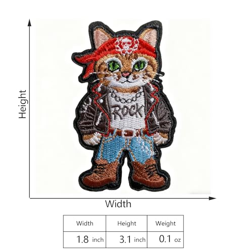 U-Sky Sew or Iron on Embroidered Patches | Rock Star Cat with Red Bandana & Blood Rock Text Design | Edgy Music Theme for Jackets Denim Bags | 1.8"x3.1" 3PCs Pack - color: Shorthair Rocker