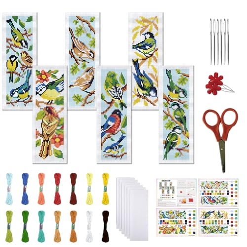 FREEBLOSS 6 Set Cross Stitch Bookmark Kit 11CT DIY Cross Stitch Kits Birds Stamped Embroidery Kit with Instructions Bookmark Making Set for Adult Beginners 8x2.4inch