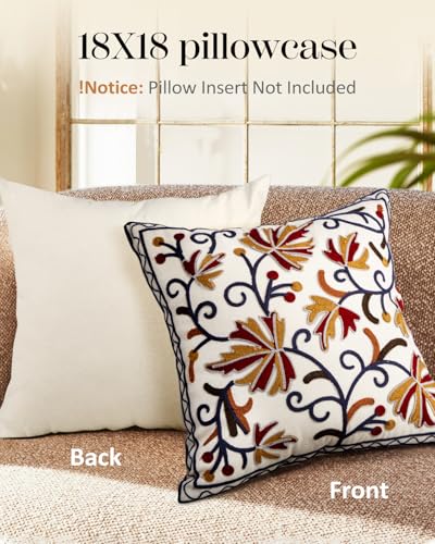 Embroidered Throw Pillow Cover, 18x18 Inch, Fall Floral - color: Fall Flower, size: 18" x 18" (Pack of 1)