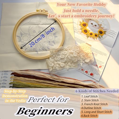 FONNUY White Kitten Embroidery Kit, Sunflowers Cat Lace Hat Cross Stitch Kits for Beginners, Handmade Crafts with Printed Patterns for Adults, Color Thread Needlework, 8'' Hoop (Cat 03) - color: Cat 03