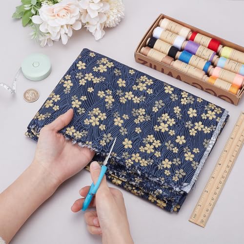 MAYJOYDIY 1 Yard 59 Inch Blue Japanese Cotton Fabric Sakura Quilting Bundles Gold Cherry Blossoms and Waves Print for Sewing Clothing Bag Tablecloth Sofa Pillow DIY Craft - color: Blue