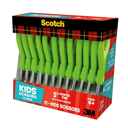 Scotch 5" Soft Touch Pointed Tip Kids Scissors, 12 Count Teacher's Pack - size: 12 count - blunt