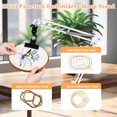 Adjustable Embroidery Hoops Stand for Hand Work,Cross Stitch Frame with 360° Rotation,Needlework Frame, Embroidery Stand Suitable for Embroidery Kit,3-in-1 Hoop/Tablet/Phone Holder Desk Stand,White - style: 1PC-White