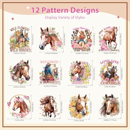 Horse Dtf Transfers Ready to Press - Wxiben 12 Sheets Western Cowgirl Iron on Transfers for Tshirts Farmhouse Animal DTF Heat Transfer Vinyl Stickers Flower Iron on Decals for Clothing T-Shirts DIY - style: Horse