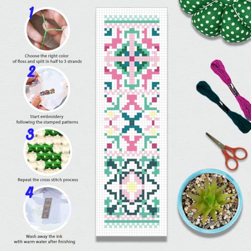 BEUNITONE Cross Stitch Bookmark Kits 6 Pcs Variegated Flowers DIY Bookmarks Cross Stitch Set for Adults Beginners Hand Embroidery Set Traditional Decorative Patterns Craft Kits for Gifts 8''x2.4'' - style: Ceramic Tile Pattern