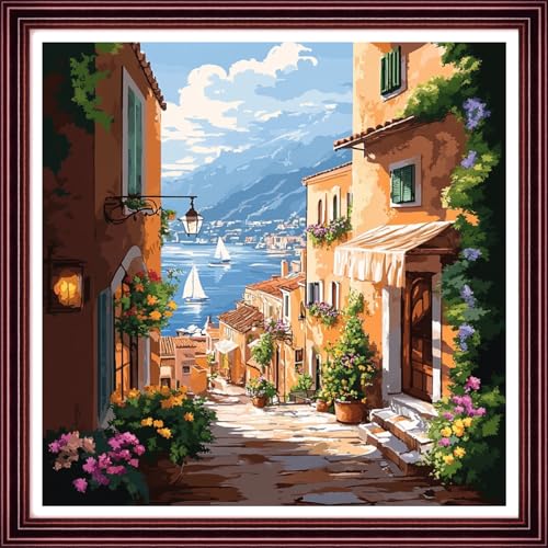 Funchey Counted Cross Stitch Kits for Adults Needlepoint Kits Unprinted Cross Stitching Embroidery Kit 11CT Cross Stitch Supplies-European Street View 18x18 inch - color: ArtsKits10