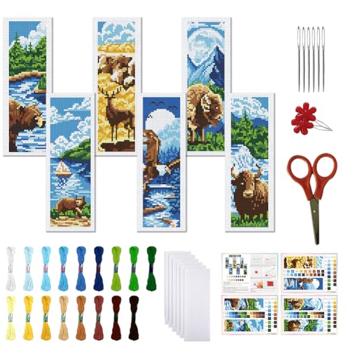 FREEBLOSS 6 Set Cross Stitch Bookmark Kit 11 CT Stamped Cross Stitch Kit DIY Embroidery Bookmark Kits for Adult Beginners with Instructions, Nature Scenery Pattern, 6 x 20 cm/8" x 2.4" - style: Natural Zoo Animals