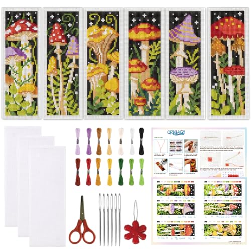 ORIGACH 6 Set Mushroom Jungle Cross Stitch Bookmark Kit for Beginner - style: Mushroom Jungle