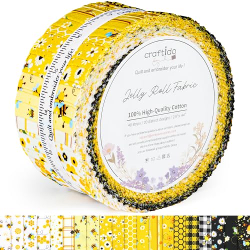 Craftido-20 Options-100% Cotton Jelly Roll Fabric Precut Strips for Quilting, Crafting, and Sewing, 40 Strips 2.5" x 44" Assorted Bundles for Rugs, Quilts, DIY Crafts and Home Decor-Honey Bees - color: Honey Bees