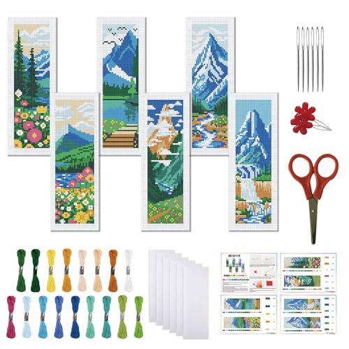 FREEBLOSS 6 Set Cross Stitch Bookmarks Kit Mountains&Rivers Stamped Cross Stitch Kit DIY Embroidery Bookmark Set with Instruction for Adults Beginners Gift for Reading Enthusiasts 8 * 2.4inch 11CT - style: Mountains&Rivers