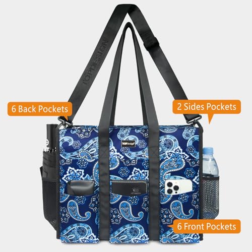 TOPDesign Utility Water Resistant Tote Bag with 22 Pockets, Zipper Closure - color: Blue Bandanna, size: Medium