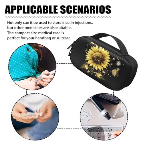 Diabetic Supplies Travel Case, Butterfly Glucose Meter Portable Storage Bag, Insulin Pen and Medication Carrying Case for Insulin Pen, Test Strips, Lancets, Syringe, Needles - color: Sunflower Butterfly