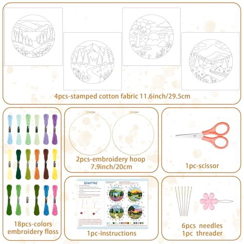 BEUNITONE 4 Set Forest Pattern Embroidery Kit for Adult Beginners Scenery Pre-Printed Designs Cross Stitch Kits, Needlepoint Kits for Adults, Handmade Embroidery for Home Decor 20x20cm - style: C-Forest Scenery
