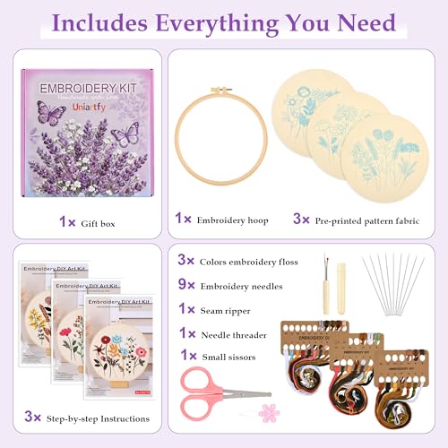 3 Sets Embroidery Kit, Cross Stitch Kits for Beginners, Needlepoint Kits for Adults with Floral Patterns, Hoop, Needles, Threads and Tools, Colorful Threads, Easy to Learn Step-by-Step Guide & Video - color: Embroidery Kit-B