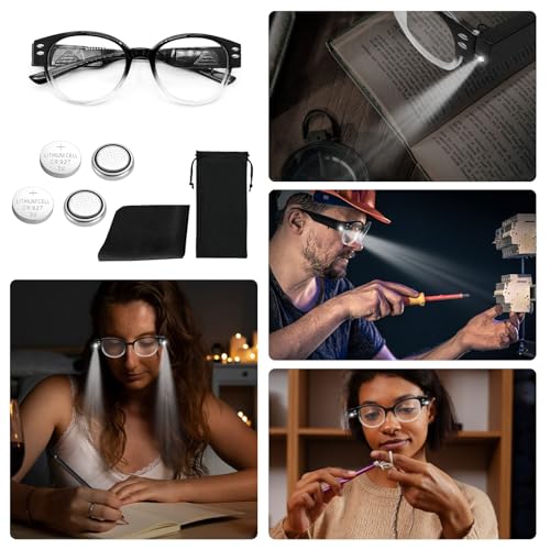 Reading Glasses with Lights Bright LED Readers with Lights Magnifier Glasses for Reading Fashion Blue Light Blocking Glasses Magnifier Nighttime Reader Women Men Clear Vision Lighted Eye Glasses+2.5 - size: +250