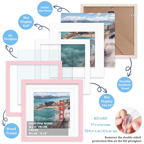 12x12 Wood Picture Frames for Wall Hanging or Tabletop,Diamond Painting Frame Baby Scan Picture Frames with 2 Mats Display 8x8 or 10x10 for Family Walls Decoration,Anniversary,Wedding,Christmas(Pink) - color: Pink, size: 12x12 inch