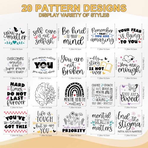 Wxiben Dtf Transfers Ready to Press - 20 Pcs Mental Health Iron on Transfers for T-Shirts Inspirational Heat Transfer Vinyl Decals Stickers Positive Awareness Iron on Patch for Clothing Bag DIY Craft - style: Mental Health