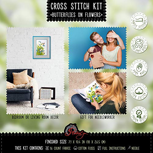 Povitrulya Counted Cross Stitch Kit 'Butterflies on Flowers' - Hand Embroidery Set - color: Butterfly