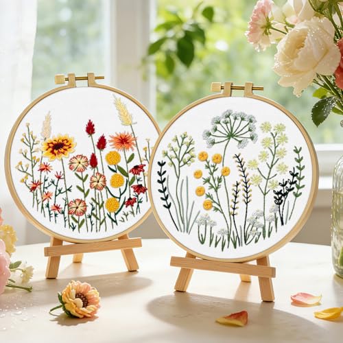 ERKOON Embroidery Kit for Beginners Adult, 2 Set Flower Cross Stitch Set Include Embroidery Cloth Hoops Threads for Craft Lover Hand Stitch with Embroidery Skill Techniques (Flowers and Plants) - color: Flowers and Plants