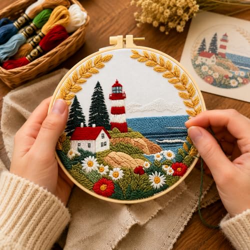 Zhenqing Lighthouse Embroidery Kit for Beginners, Pre-Printed 29x29cm Fabric with 20cm Hoop & Threads, Coastal Lighthouse Scene for Home Decor(C0195)