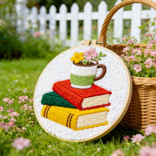 INFUNLY Books Flowers Punch Needle Kit for Beginners Floral Punch Needle Embroidery Kits for Adults 8.7''x8.7'' DIY Punch-Stitching Kit with Instruction Threader Needles Round Hoop for Wall Decor