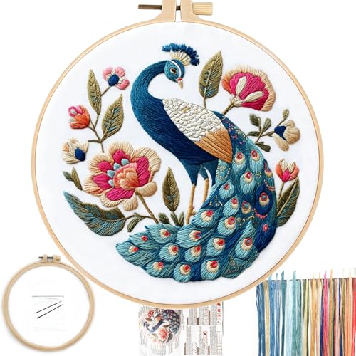 FONNUY Flower Peacock Embroidery Kit for Beginners, Cross Stitch Kits for Adults, Handmade Crafts with Printed Pattern Set, Color Thread Needlework, 8'' Hoop (Dignified Peacock) - color: Dignified Peacock