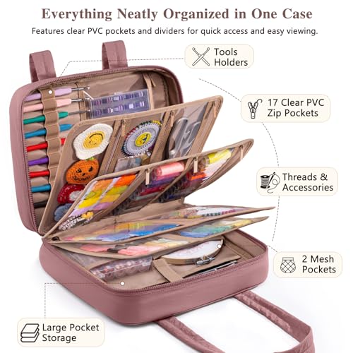 AMOIGEE Sewing Bag Organizer with 17 Clear Pockets and Tool Holders - color: Brier Rose