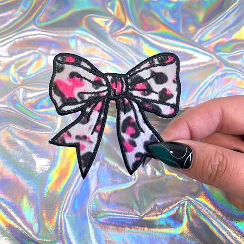 Pink Leopard Print Bow Patch, 3” x 3", 2-Pack, Embroidered Iron-On for Hats, Bags, Jackets - color: Leopard Print Bow - Pink