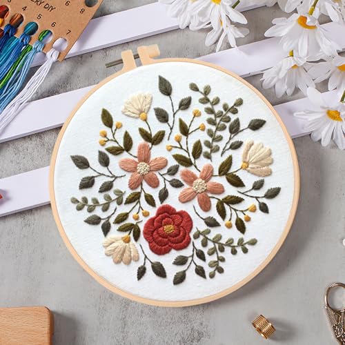 Huacan Embroidery Kits Flower for Adults Beginner 4 Pcs DIY Cross Stitch Stamped Flowers Pattern Stitching Sewing Kit 7.9 x 7.9 Inch - color: Floral 1