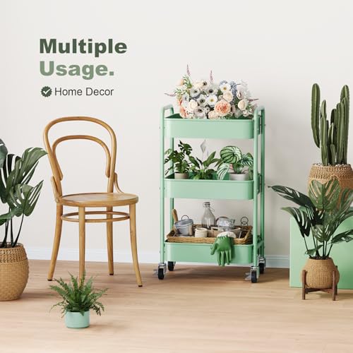 3 Tier Rolling Storage Cart Metal with Wheels,Sage Green Diaper Caddy Carts - color: Sage Green, size: 3 Tier + Cups + Hooks