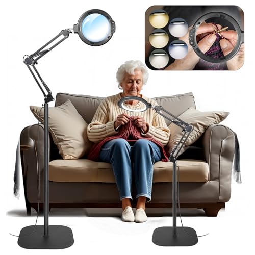12X Large Magnifying Glass with Light and Floor Stand, 5.2" Floor Lamp - color: Matte Black
