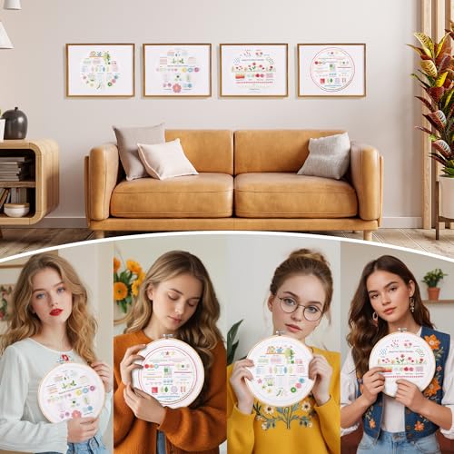 VIVIDOX 4 Sets Embroidery Kit for Beginners Adults, 35 Stitches Practice Kits Cross Stitch for Starter, DIY Hand Craft with Stamped Pattern, Bamboo Hoop, Threads, Needles, Scissors, Tools, Instruction - color: 35 Stitches Practice Kit (with 1 Hoop)