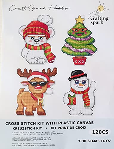 Counted Cross-Stitch Kit on Plastic Canvas with Christmas Toys. 4 Winter Ornaments Different Dimensions. 14 Count Plastic Canvas Sheets 8.27x11.02 Inches. Superb for Embroidery & Needlework Amateurs - color: multicolored