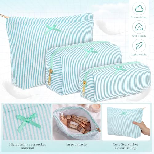 Sanwuta 3 Pcs Seersucker Pouch Cosmetic Bag Set,Mint Green - color: Mint Green