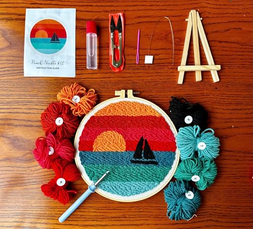 CELCRAFTIQUE Punch Needle Kits for Adults Beginner, Tool with Punch Needle Fabric, Hoops, Yarns and Sewing Needles (Style 3) - color: Sail At Sunset