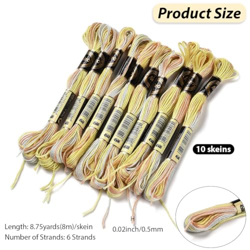 10 Skeins 6 Strands Yellow Hand Variegated Embroidery Floss Gradient Cross Stitch Thread Polyester Friendship Bracelet String Yarn Bracelets Threads Bulk for Sewing Knitting Crafts Stitching - color: Yellow