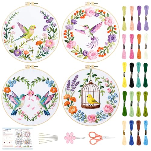 BEUNITONE 4 Set Wreath and Bird Pattern Embroidery Kit for Adult Beginners - style: A-Brids