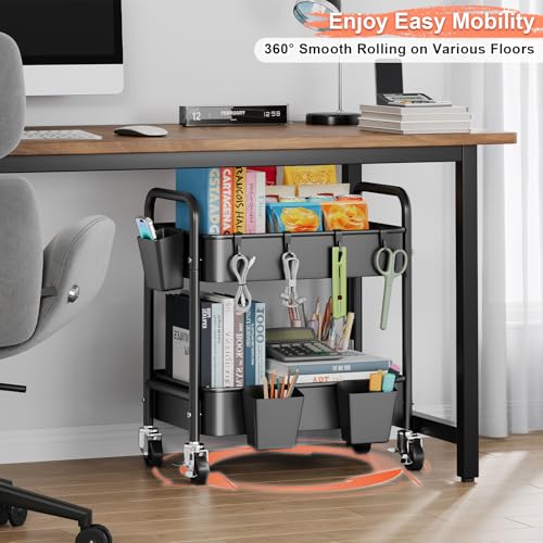 2 Tier Small Rolling Cart Metal with Wheels, Black Under Desk Storage Carts - color: Matte Black, size: 2 Tier + Cups + Hooks