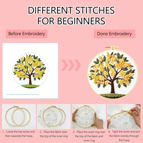 Zhenqing Osmanthus Tree Embroidery Kit for Beginners, Sweet Olive Blossom Craft Set with 20cm Hoop, Printed Design on 29x29cm Cotton Fabric, DIY Nature Wall Art (JCD0100)