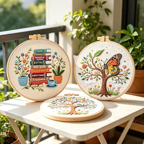 Qupace 3 Pcs Tree Embroidery Kits for Beginners Adults - Cross Stitch Sewing Craft Set with 3 Embroidery Hoops & 3 Finished Stands,Book Needlework Kit - color: White