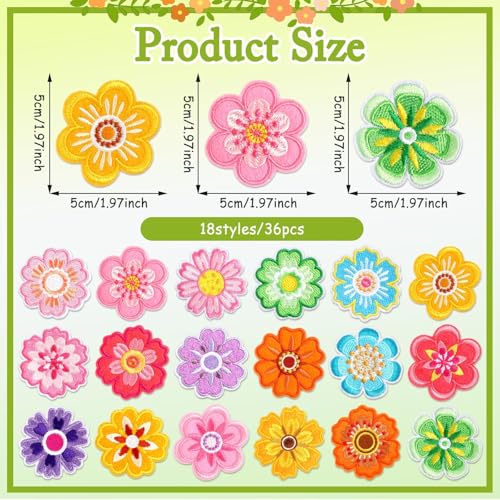 AUGSUN 36pcs Flower Iron on Patches Colorful Floral Sew Applique - style: Floral