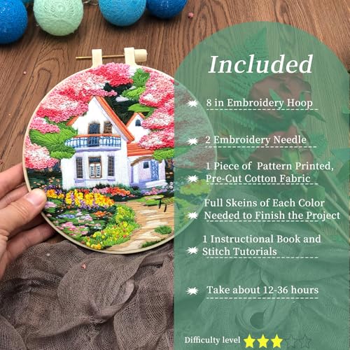 FONNUY Embroidery Kit for Beginners, Boho Nature Landscape Pre-Stamped Pattern Kits for Adults with Hoop, Easy to Follow Color Thread Needlework, 8'' Hoop (Flower House) - color: Flower House