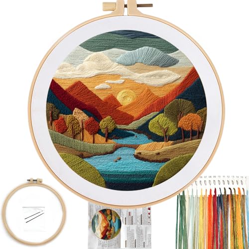 FONNUY Embroidery Kit for Beginners, Brightly Colored Landscape Lake Pre-Stamped Pattern Kits for Adults with Hoop, Easy to Follow Color Thread Needlework, 8'' Hoop (SkyBlue) - color: SkyBlue